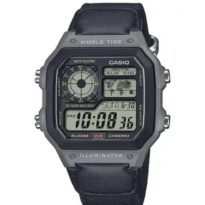 Ανδρικό ρολόι Casio Collection AE-1200WHUB-8AVEF με ψηφιακό καντράν και μαύρο δερμάτινο λουράκι.