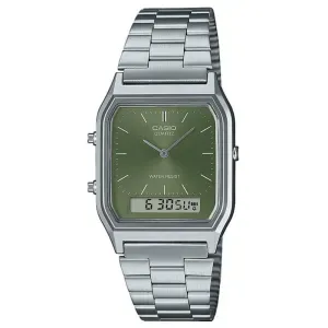 Ρολόι CASIO AQ-230A-3AMQYES Vintage με πράσινο καντράν και ασημί μπρασελέ.