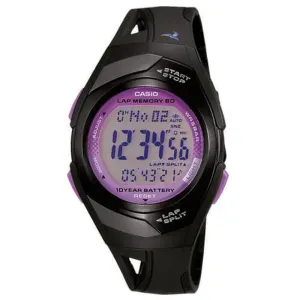 Γυναικείο ρολόι CASIO STR-300-1CEG με μωβ ψηφιακό καντράν και μαύρο καουτσούκ λουράκι.