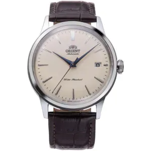 Ανδρικό ρολόι Orient RA-AC0M04Y Classic Automatic από ανοξείδωτο ατσάλι με μπεζ καντράν και καφέ δερμάτινο λουράκι.