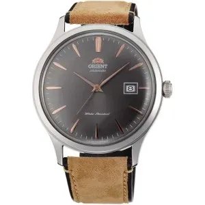 Ανδρικό ρολόι Orient TAC08003A Classic Automatic από ανοξείδωτο ατσάλι με γκρι καντράν και καφέ δερμάτινο λουράκι.