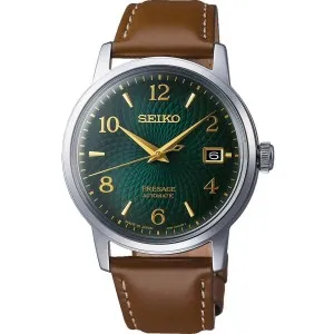 Ανδρικό ρολόι SEIKO SRPE45J1 Presage Cocktail Time: Mojito Automatic με πράσινο καντράν και καφέ δερμάτινο λουράκι.