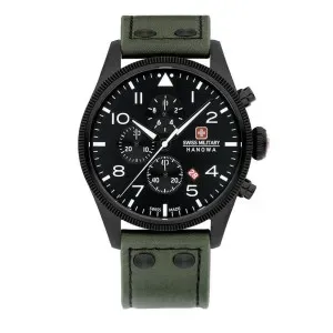 Ανδρικό ρολόι SWISS MILITARY HANOWA SMWGC0000430 THUNDERBOLT CHRONO με μαύρο καντράν και πράσινο δερμάτινο λουράκι.