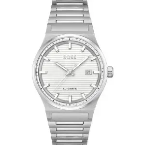 Ανδρικό Ρολόι BOSS 1514186 Candor Automatic από ανοξείδωτο ατσάλι με λευκό καντράν και ασημί μπρασελέ.