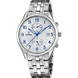 Ανδρικό Ρολόι Festina F6854/Α Chronograph με λευκό καντράν και μπρασελέ από ανοξείδωτο ατσάλι σε ασημί χρώμα.