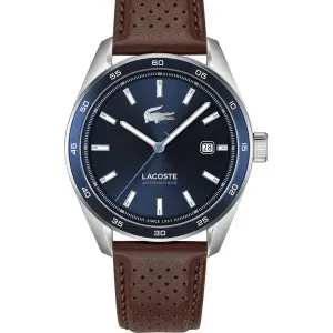 Ρολόι Lacoste 2011377 Boston Automatic από ανοξείδωτο ατσάλι με μπλε καντράν και καφέ δερμάτινο λουράκι.