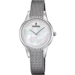 Γυναικείο ρολόι FESTINA F20494/4 από ανοξείδωτο ατσάλι με φίλντισι καντράν, ζιργκόν και ασημί μπρασελέ.