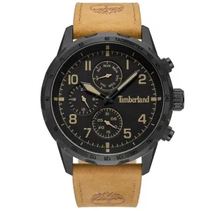 Ανδρικό ρολόι TIMBERLAND TDWGF0055403 Campton από ανοξείδωτο ατσάλι με μαύρο καντράν και καφέ δερμάτινο λουράκι.