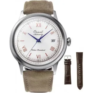 Ανδρικό ρολόι Orient RA-AC0027S Classic Bambino Automatic από ανοξείδωτο ατσάλι με λευκό καντράν και καφέ δερμάτινο λουράκι.