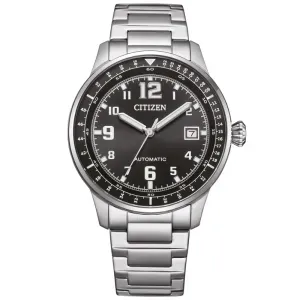 Ανδρικό ρολόι CITIZEN NJ0190-51E Automatic από ανοξείδωτο ατσάλι με μαύρο καντράν και ασημί μπρασελέ.