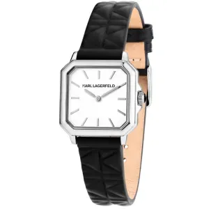 Γυναικείο ρολόι KARL LAGERFELD R0551102501 Square Classics από ανοξείδωτο ατσάλι με λευκό καντράν και μαύρο δερμάτινο λουράκι.