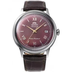 Ανδρικό ρολόι Orient RA-AC0026R Classic Bambino Automatic από ανοξείδωτο ατσάλι με μπορντό καντράν και καφέ δερμάτινο λουράκι.