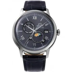 Ανδρικό ρολόι ORIENT RA-AK0806L Classic Sun and Moon Automatic από ανοξείδωτο ατσάλι με μπλε καντράν και μπλε δερμάτινο λουράκι.