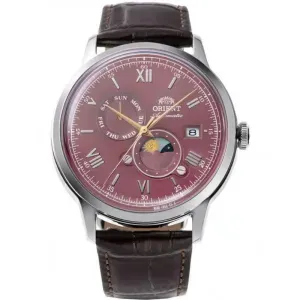 Ανδρικό ρολόι Orient RA-AK0807R Sun And Moon Automatic από ανοξείδωτο ατσάλι με μπορντό καντράν και καφέ δερμάτινο λουράκι.