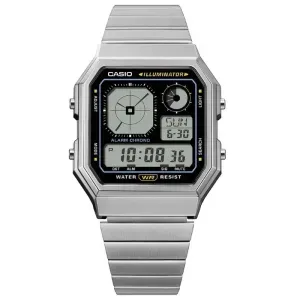 Ρολόι CASIO A-130WE-1AEF Vintage με μαύρο ψηφιακό καντράν και ασημί μπρασελέ.