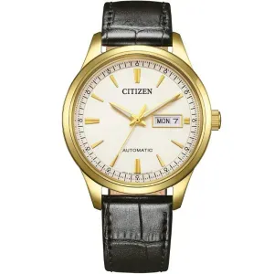 Ανδρικό ρολόι CITIZEN NY4059-09AE Automatic από ανοξείδωτο ατσάλι με χρυσό καντράν και μαύρο δερμάτινο λουράκι.