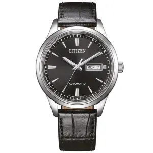 Ανδρικό ρολόι CITIZEN NY4058-01EE Automatic από ανοξείδωτο ατσάλι με μαύρο καντράν και μαύρο δερμάτινο λουράκι.