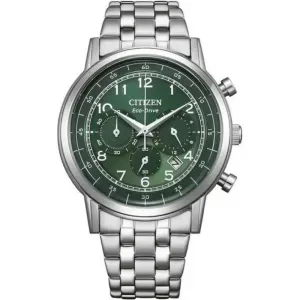 Ανδρικό ρολόι CITIZEN CA4630-53X Eco Drive από ανοξείδωτο ατσάλι με πράσινο καντράν και ασημί μπρασελέ.