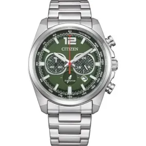 Ανδρικό ρολόι CITIZEN CA4640-50X Eco Drive από ανοξείδωτο ατσάλι με πράσινο καντράν και ασημί μπρασελέ.