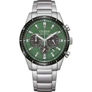 Ανδρικό ρολόι CITIZEN CA4624-56X Eco Drive από ανοξείδωτο ατσάλι με πράσινο καντράν και ασημί μπρασελέ.