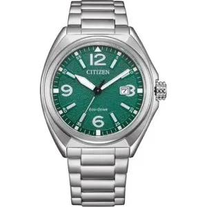 Ανδρικό ρολόι CITIZEN AW1571-76X Eco Drive από ανοξείδωτο ατσάλι με πράσινο καντράν και ασημί μπρασελέ.