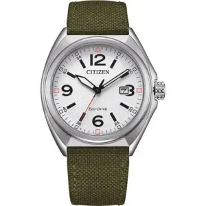 Ανδρικό ρολόι CITIZEN AW1571-09A Eco Drive από ανοξείδωτο ατσάλι με λευκό καντράν και πράσινο υφασμάτινο λουράκι.