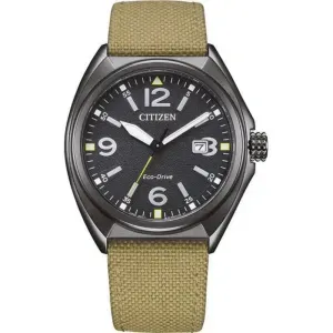 Ανδρικό ρολόι CITIZEN AW1575-08E Eco Drive από ανοξείδωτο ατσάλι με μαύρο καντράν και μπεζ υφασμάτινο λουράκι.