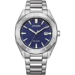 Ανδρικό ρολόι CITIZEN BM7631-52L Eco Drive από ανοξείδωτο ατσάλι με μπλε καντράν και ασημί μπρασελέ.