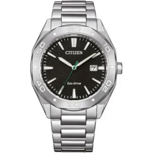 Ανδρικό ρολόι CITIZEN BM7631-52E Eco Drive από ανοξείδωτο ατσάλι με μαύρο καντράν και ασημί μπρασελέ.