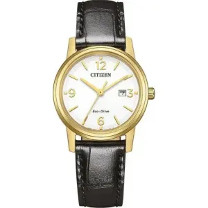 Γυναικείο ρολόι CITIZEN EW2722-01A Eco-Drive από ανοξείδωτο ατσάλι με λευκό καντράν και μαύρο δερμάτινο λουράκι.