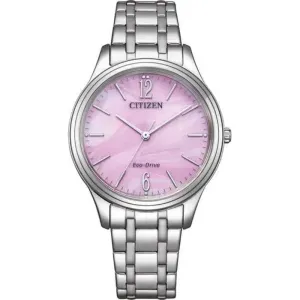 Γυναικείο ρολόι CITIZEN EM0411-71X Eco-Drive από ανοξείδωτο ατσάλι με ροζ φίλντισι καντράν και ασημί μπρασελέ.