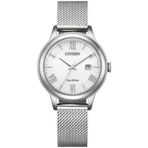 Γυναικείο ρολόι CITIZEN EW2621-75A Eco-Drive από ανοξείδωτο ατσάλι με λευκό καντράν και ασημί μπρασελέ.