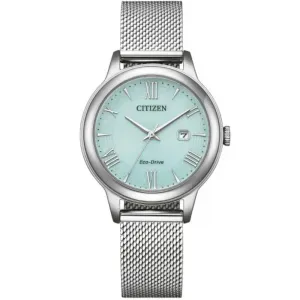 Γυναικείο ρολόι CITIZEN EW2621-75M Eco-Drive από ανοξείδωτο ατσάλι με γαλάζιο καντράν και ασημί μπρασελέ.