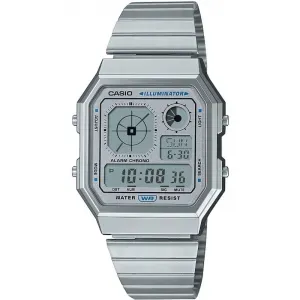 Ρολόι CASIO A-130WE-7AEF Vintage με ασημί ψηφιακό καντράν και ασημί μπρασελέ.