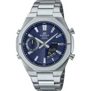 Ανδρικό ρολόι CASIO ECB-S10D-2AEF Edifice Bluetooth από ανοξείδωτο ατσάλι με μπλε καντράν και ασημί μπρασελέ.