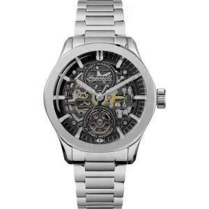 Ανδρικό ρολόι Ingersoll I16701 Bronc Automatic από ανοξείδωτο ατσάλι με μαύρο skeleton καντράν και ασημί μπρασελέ.