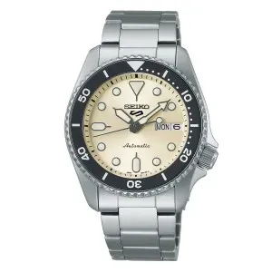 Ρολόι SEIKO SRPK31K1F 5 Sports Automatic από ανοξείδωτο ατσάλι με κρεμ καντράν και ασημί μπρασελέ.