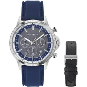 Ανδρικό Ρολόι NAUTICA NAPBOS504 NCT Blueocean Box Chronograph από ανοξείδωτο ατσάλι με γκρι καντράν και μπλε καουτσούκ λουράκι.