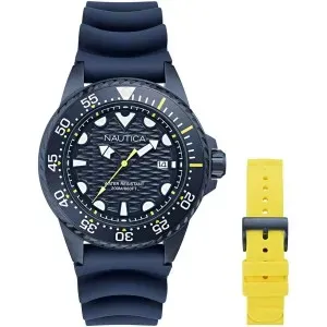 Ανδρικό Ρολόι NAUTICA NAPSDS506 NCT Sea Dive Gift Set από ανοξείδωτο ατσάλι με μπλε καντράν και μπλε καουτσούκ λουράκι.