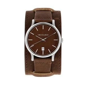 Ανδρικό ρολόι TRUSSARDI R2451172001 T-Inedito από ανοξείδωτο ατσάλι με καφέ καντράν και καφέ δερμάτινο λουράκι.
