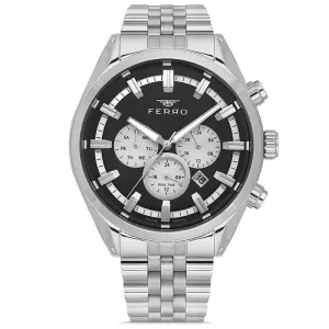 Ανδρικό ρολόι FERRO FM11507AWT-A2 με μαύρο καντράν και ασημί μπρασελέ.