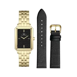 Γυναικείο ρολόι Ferro FL21626AWT-B2 με μαύρο καντράν και χρυσό μπρασελέ.