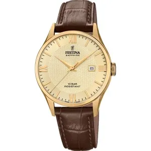 Γυναικείο ρολόι FESTINA F20011/6 από ανοξείδωτο ατσάλι με χρυσό καντράν και καφέ δερμάτινο λουράκι.