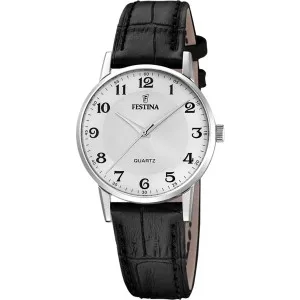 Γυναικείο ρολόι FESTINA F20691/1 από ανοξείδωτο ατσάλι με λευκό καντράν και μαύρο δερμάτινο λουράκι.