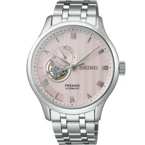Ανδρικό ρολόι SEIKO SSA465J1 Presage 'Japanese Zen Gardens' Automatic από ανοξείδωτο ατσάλι με ροζ καντράν και μπρασελέ.
