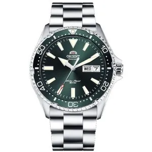Ανδρικό ρολόι Orient RA-AA0004E Sports Diver Kamasu Automatic από ανοξείδωτο ατσάλι με πράσινο καντράν και ασημί μπρασελέ.