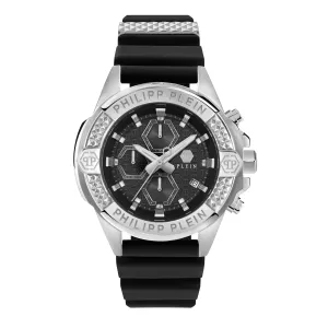 Ρολόι PHILIPP PLEIN PWWFA0125 The Skull CHRONO με μαύρο καντράν και μαύρο καουτσούκ λουρ΄άκι.