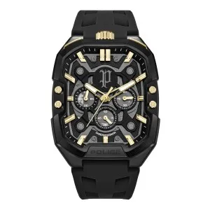 Ανδρικό ρολόι POLICE PEWGO0092204 BULLHEAD Chronograph από ανοξείδωτο ατσάλι με μαύρο καντράν και μαύρο δερμάτινο λουράκι.