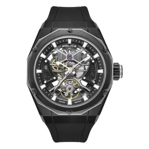 Ανδρικό ρολόι POLICE Automatic PEWGR0082301 DAYTON από ανοξείδωτο ατσάλι με skeleton καντράν και μαύρο καουτσούκ λουράκι.
