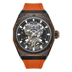 Ανδρικό ρολόι POLICE Automatic PEWGR0082302 DAYTON από ανοξείδωτο ατσάλι με skeleton καντράν και πορτοκαλί καουτσούκ λουράκι.